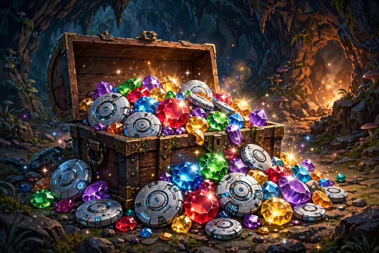 Treasure chest overflowing with glowing gems and silver discs in a cave