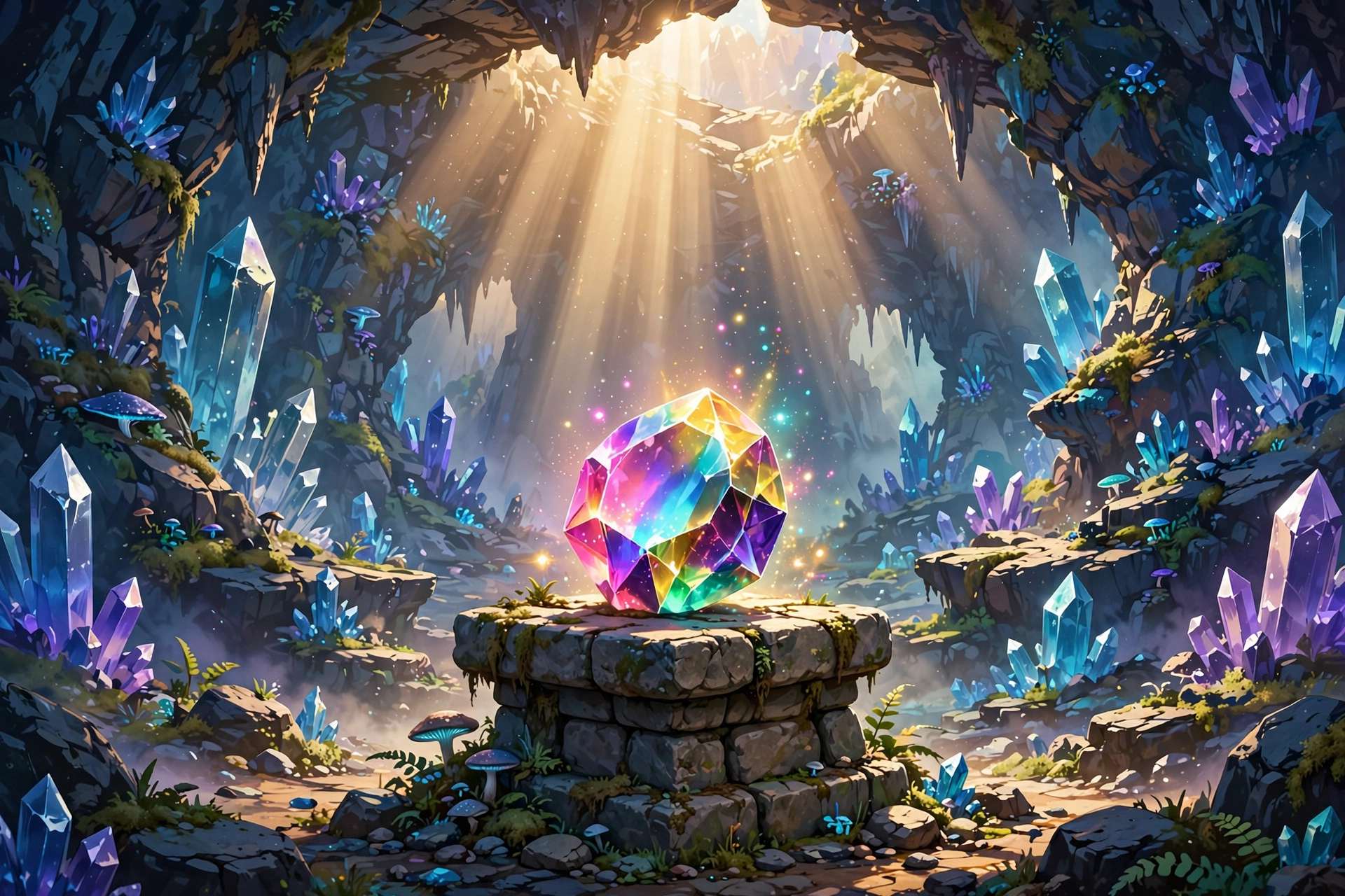 Glowing multicolored gemstone resting on a stone pedestal in crystal cave