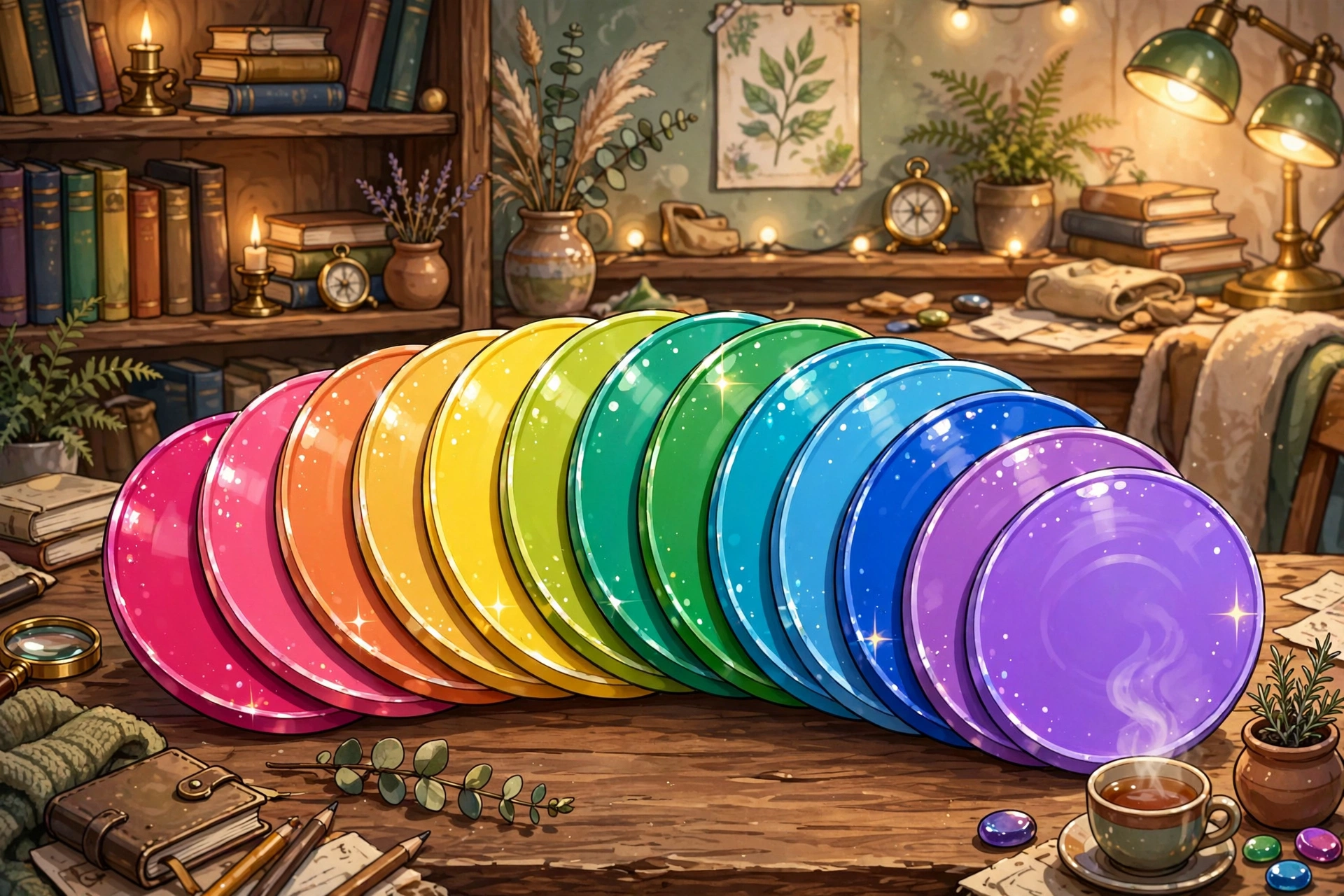 Colorful shiny discs fanned out across a wooden table surface
