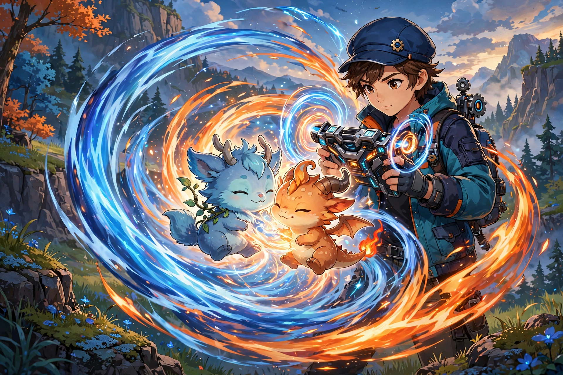 Trainer using handheld splicer device fusing two small fantasy creatures