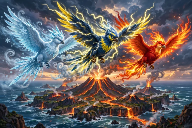 Articuno, Zapdos and Moltres flying together over a volcanic island