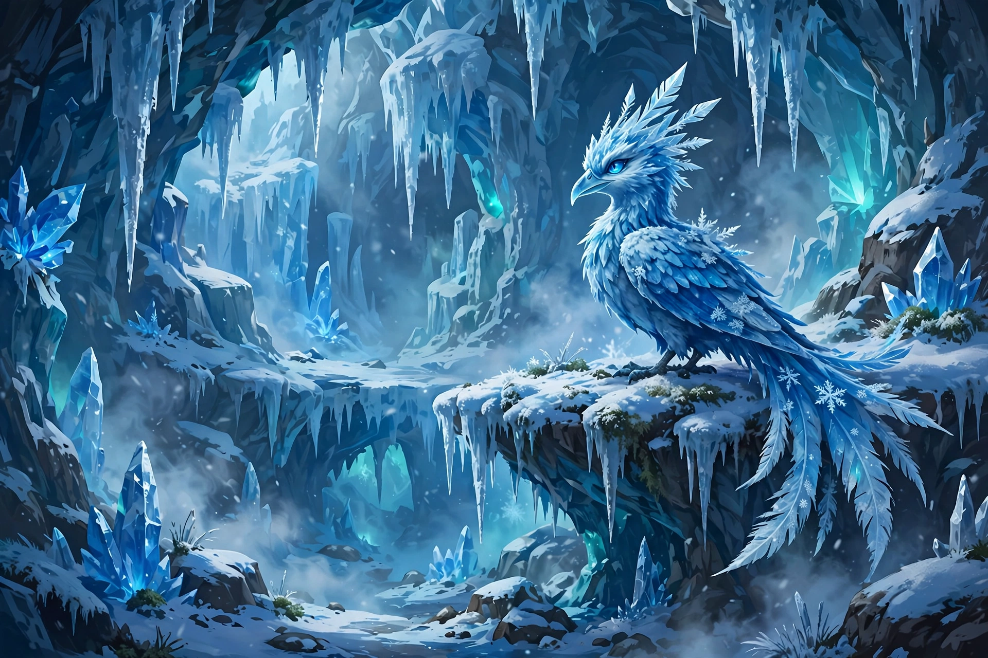 Articuno perched on a frozen ledge inside the Seafoam Islands ice cavern