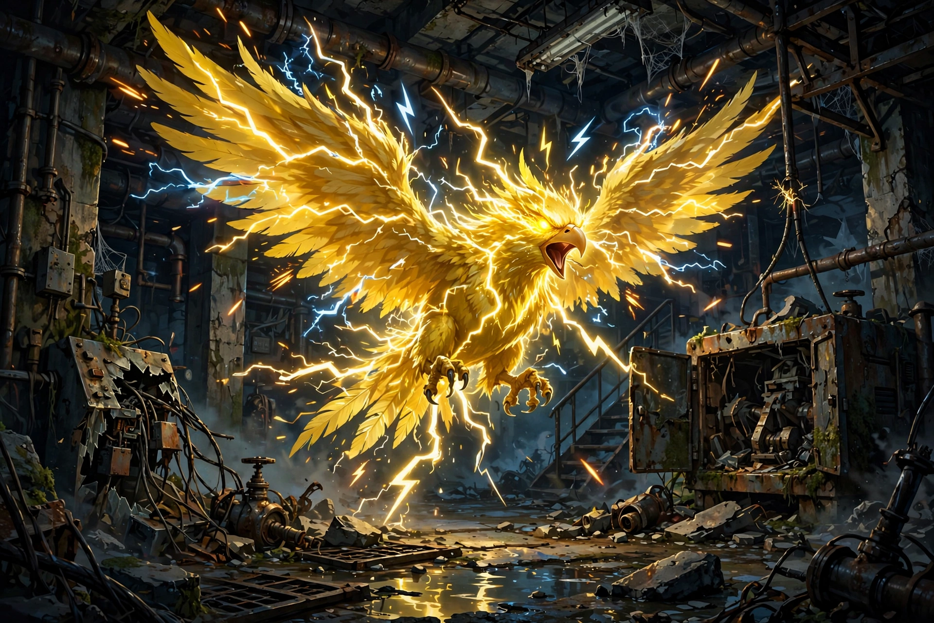 Zapdos surrounded by electric sparks in the Power Plant basement
