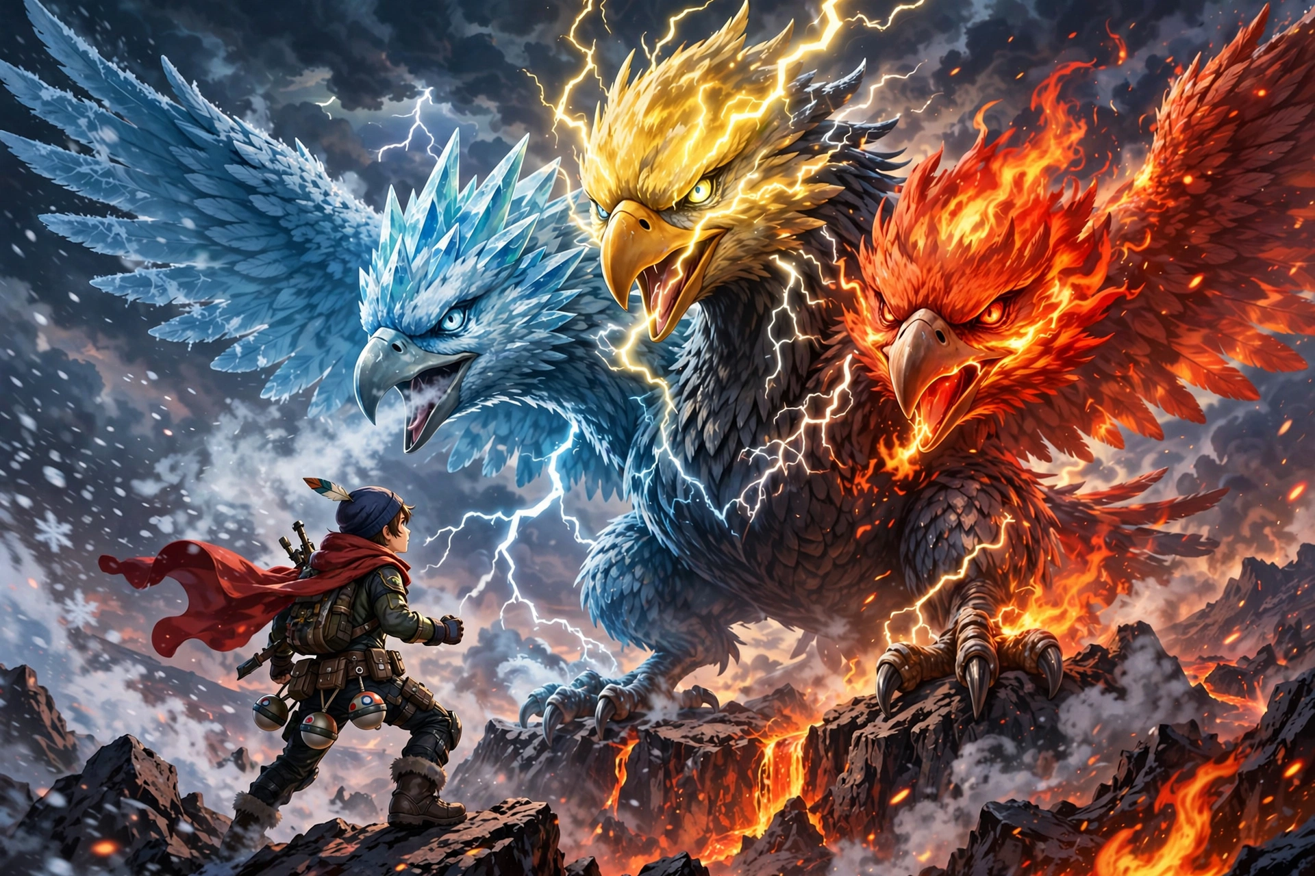 Trainer facing Giovanni's triple-fused legendary birds at Mt. Ember summit