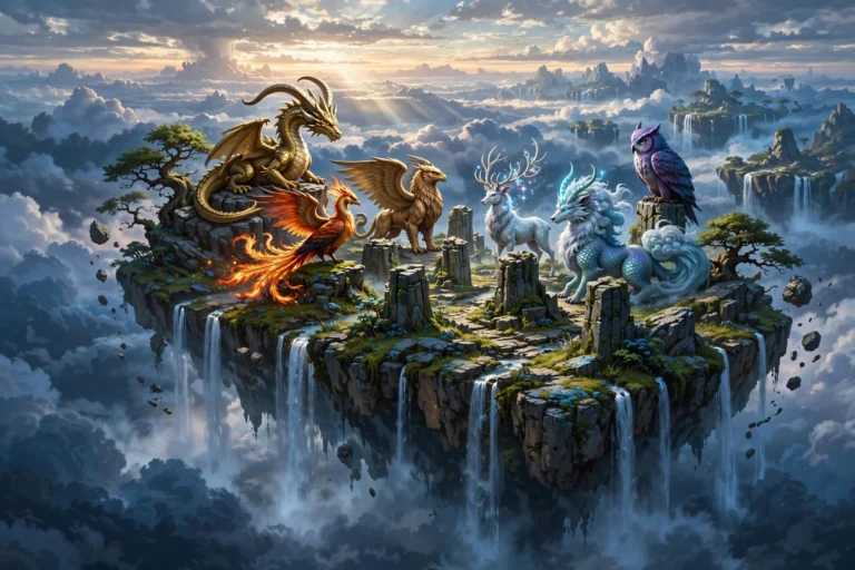Legendary creatures gathered on floating sky island