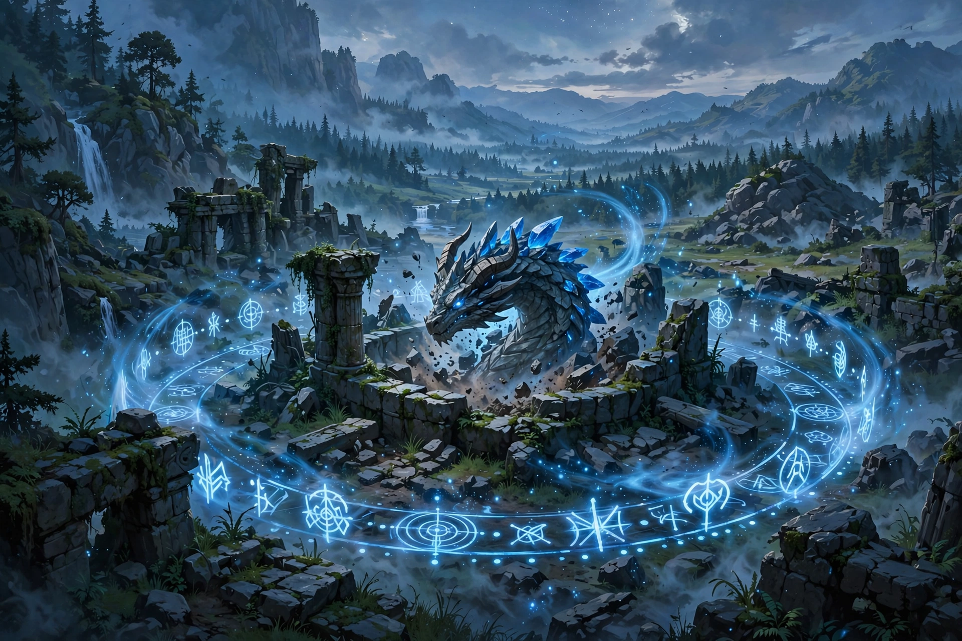 Legendary creature awakening in ancient temple ruins