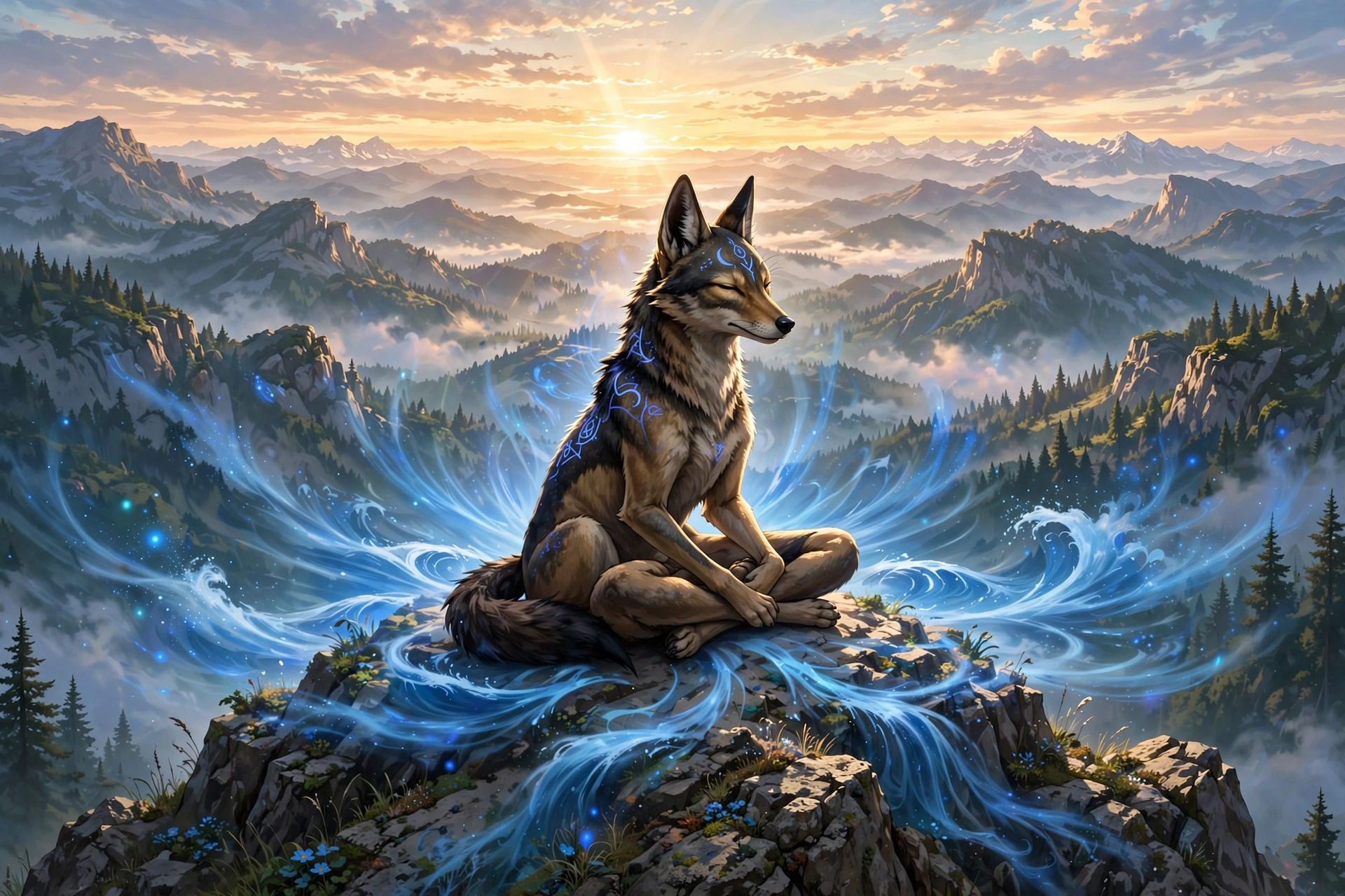 Lucario meditating with aura waves on mountain peak