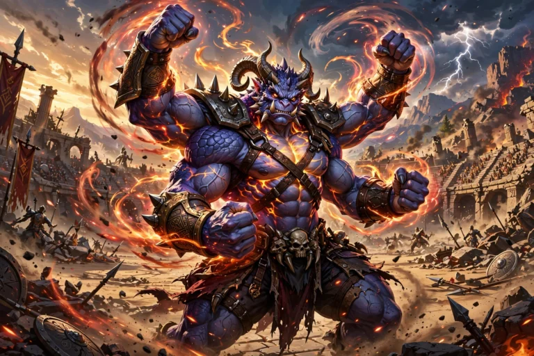 Muscular four-armed fighting creature posing heroically in a battle arena