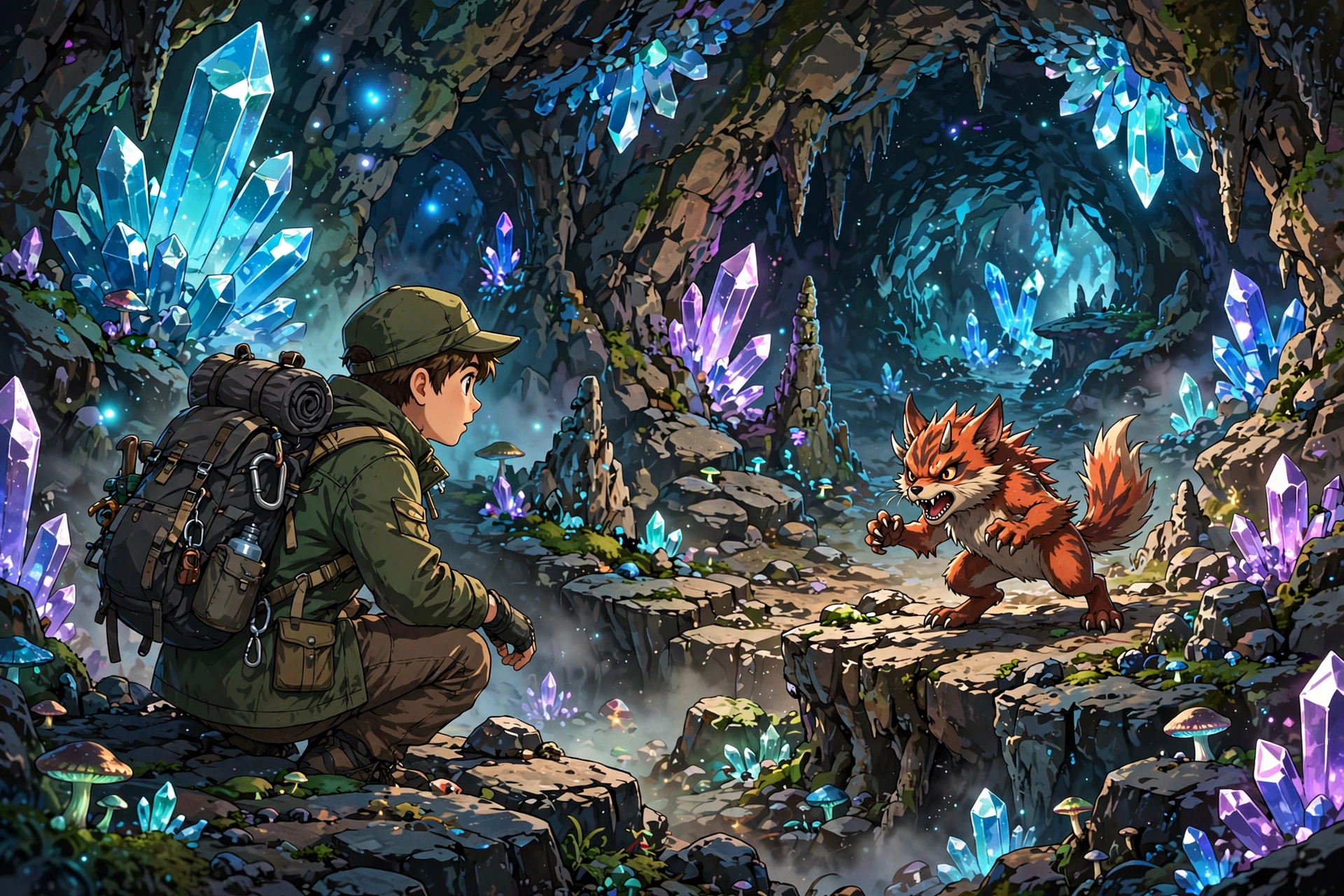 Trainer exploring a rocky cave to catch a wild fighting creature