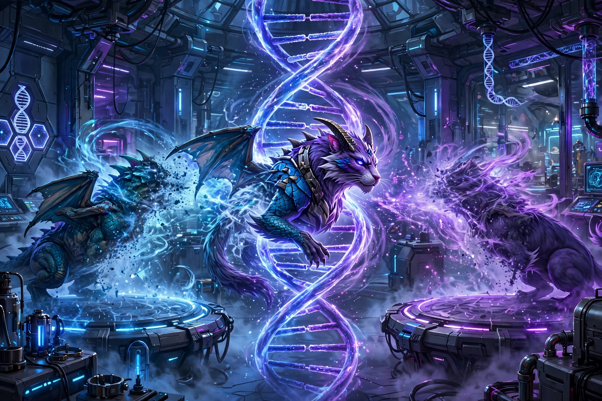 DNA helix energy fusing two creatures inside a futuristic laboratory
