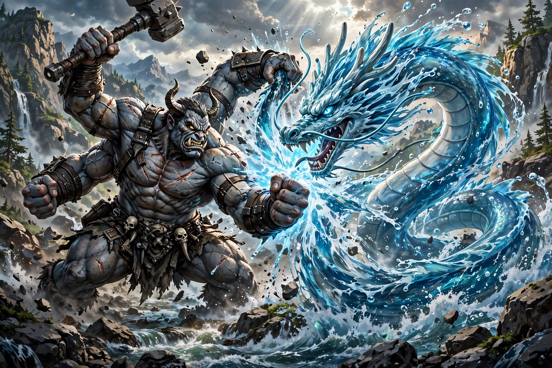 Four-armed fighter battling a giant water serpent in combat