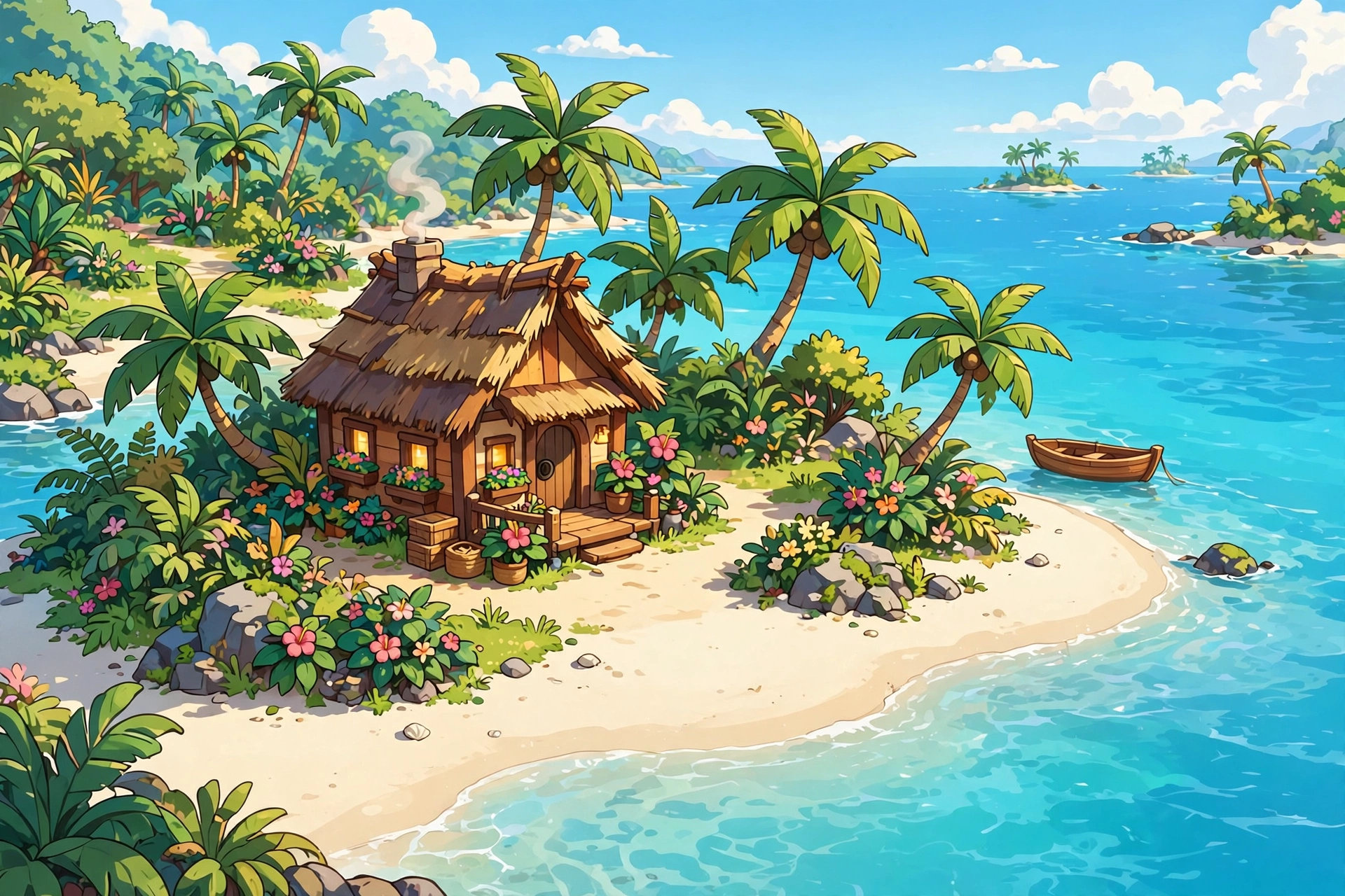 Tropical resort island with cottage and palm trees