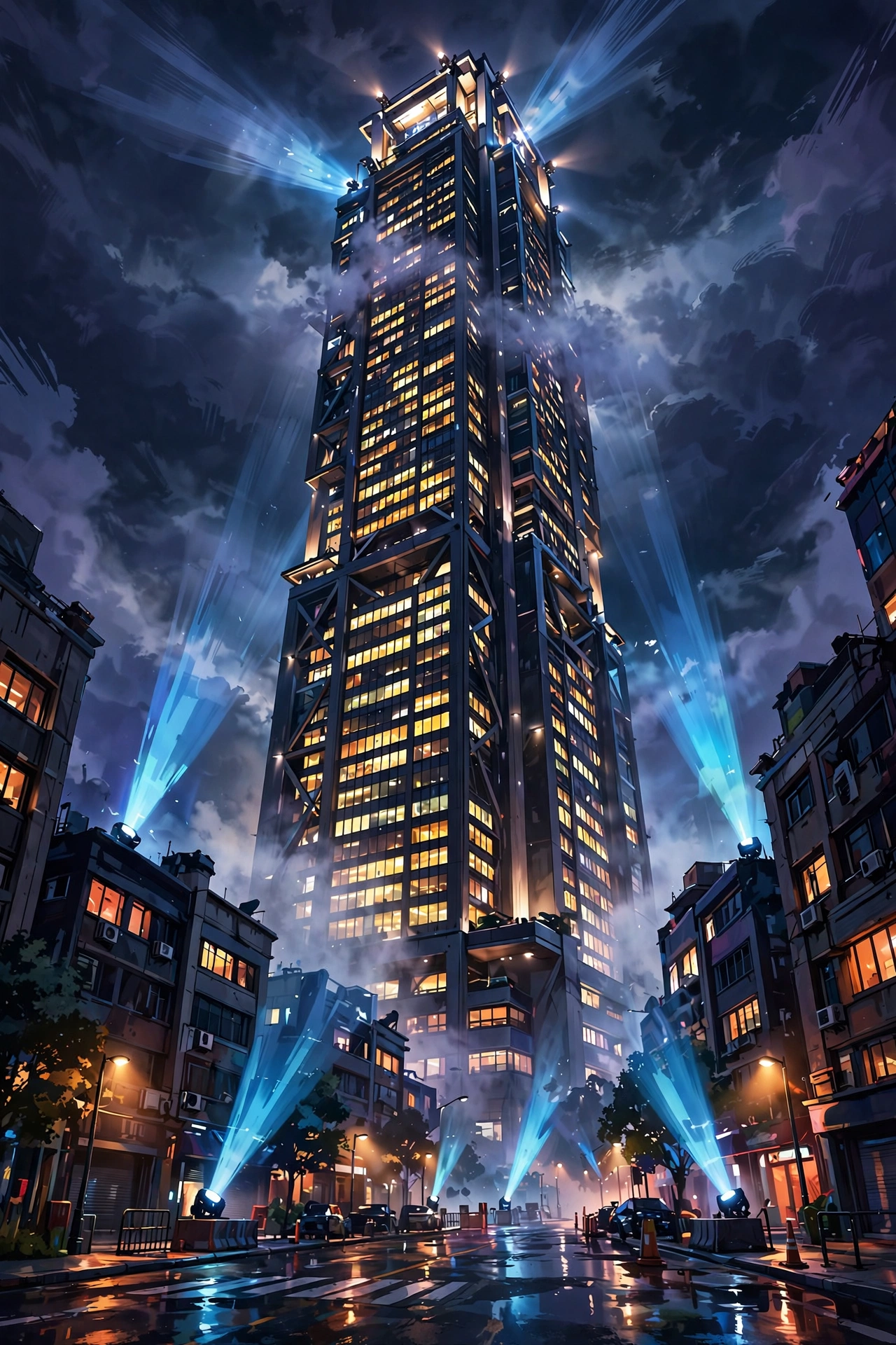 Corporate tower building at night with lit windows