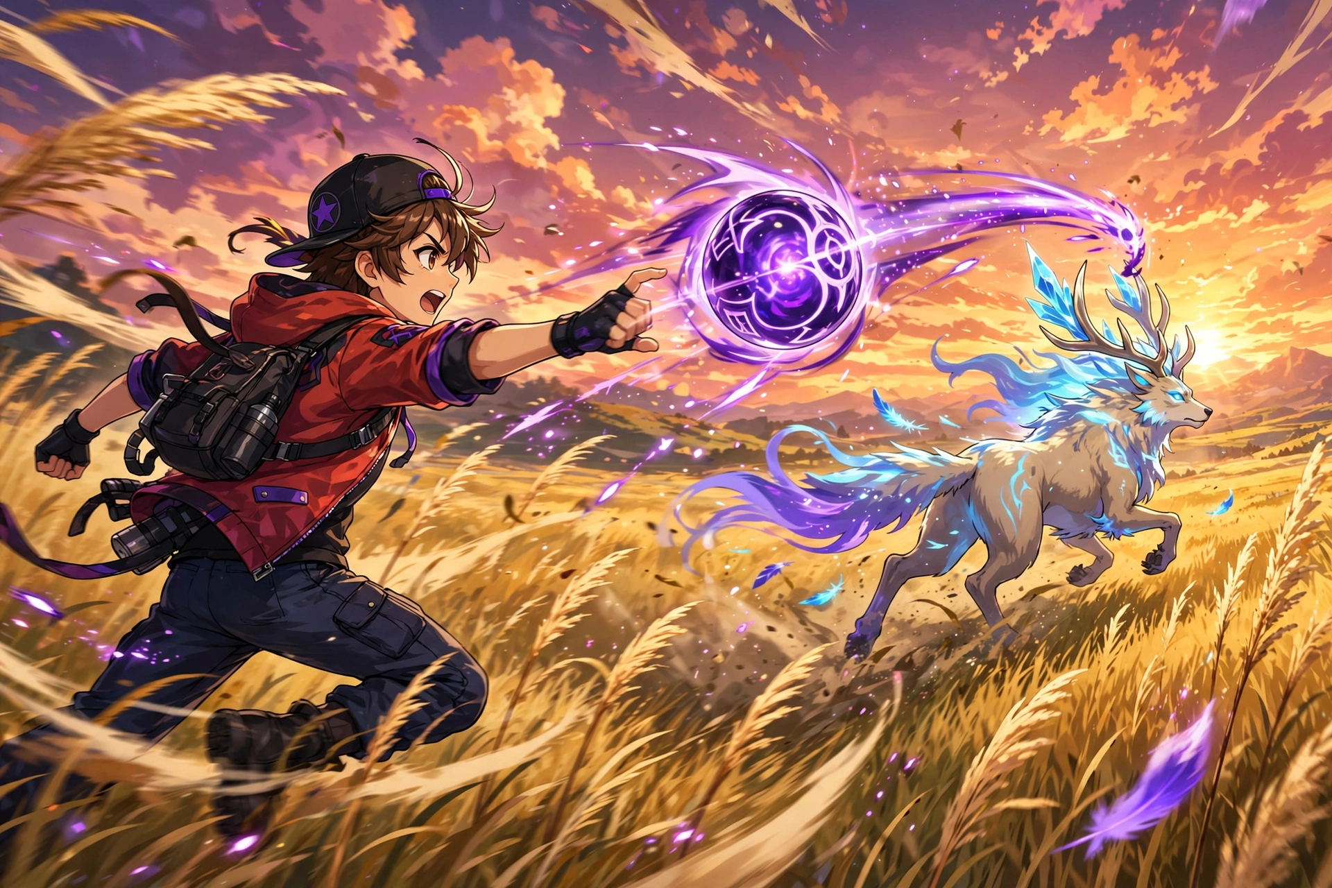 Trainer throwing Master Ball at fleeing legendary beast