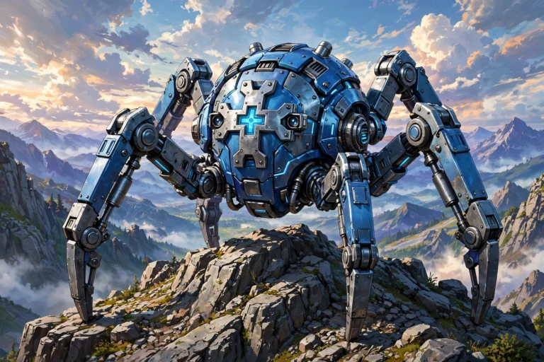 Giant metallic blue robot spider creature standing on rocky mountain peak