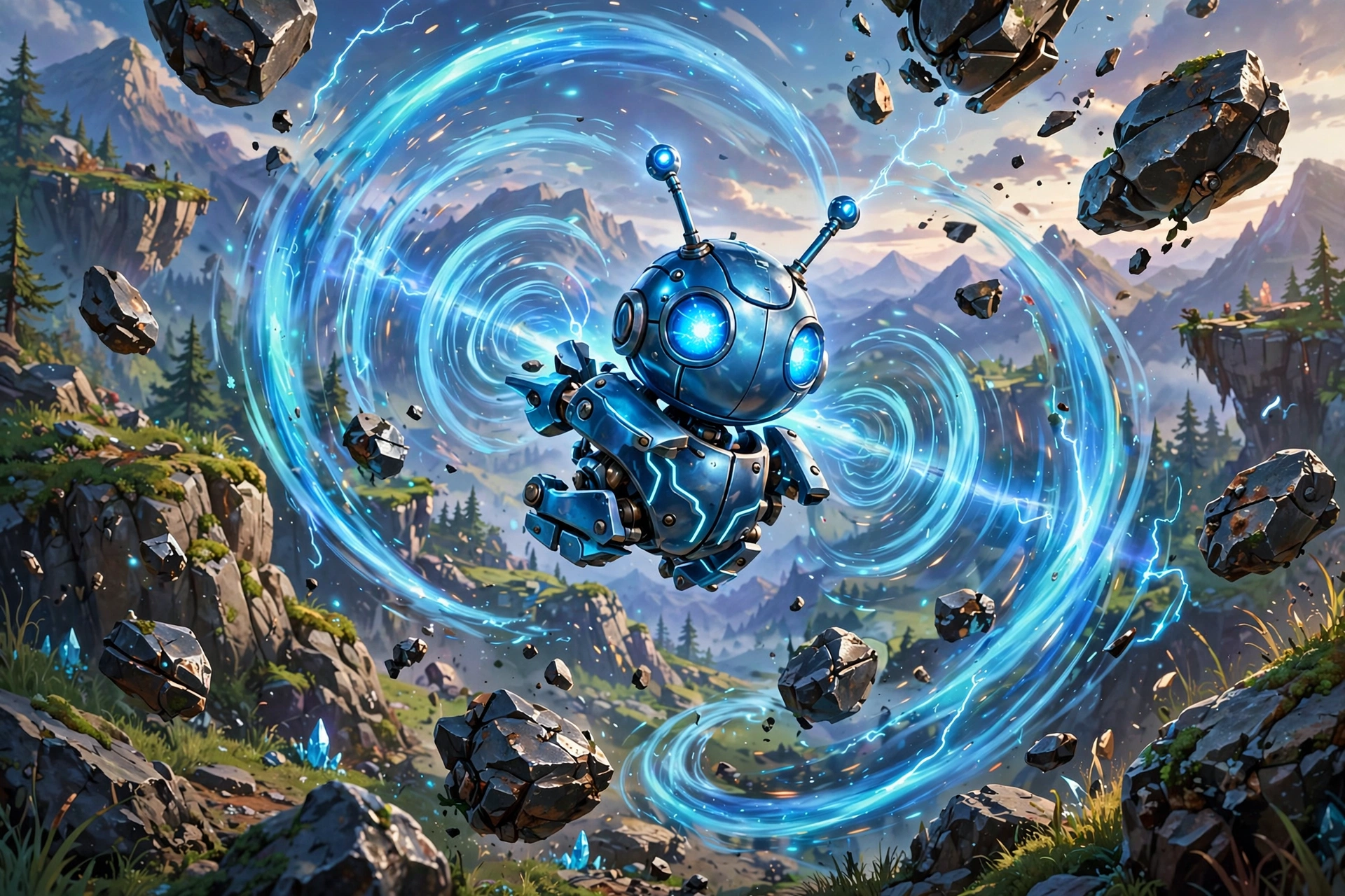 Floating metallic blue creature using magnetic psychic powers