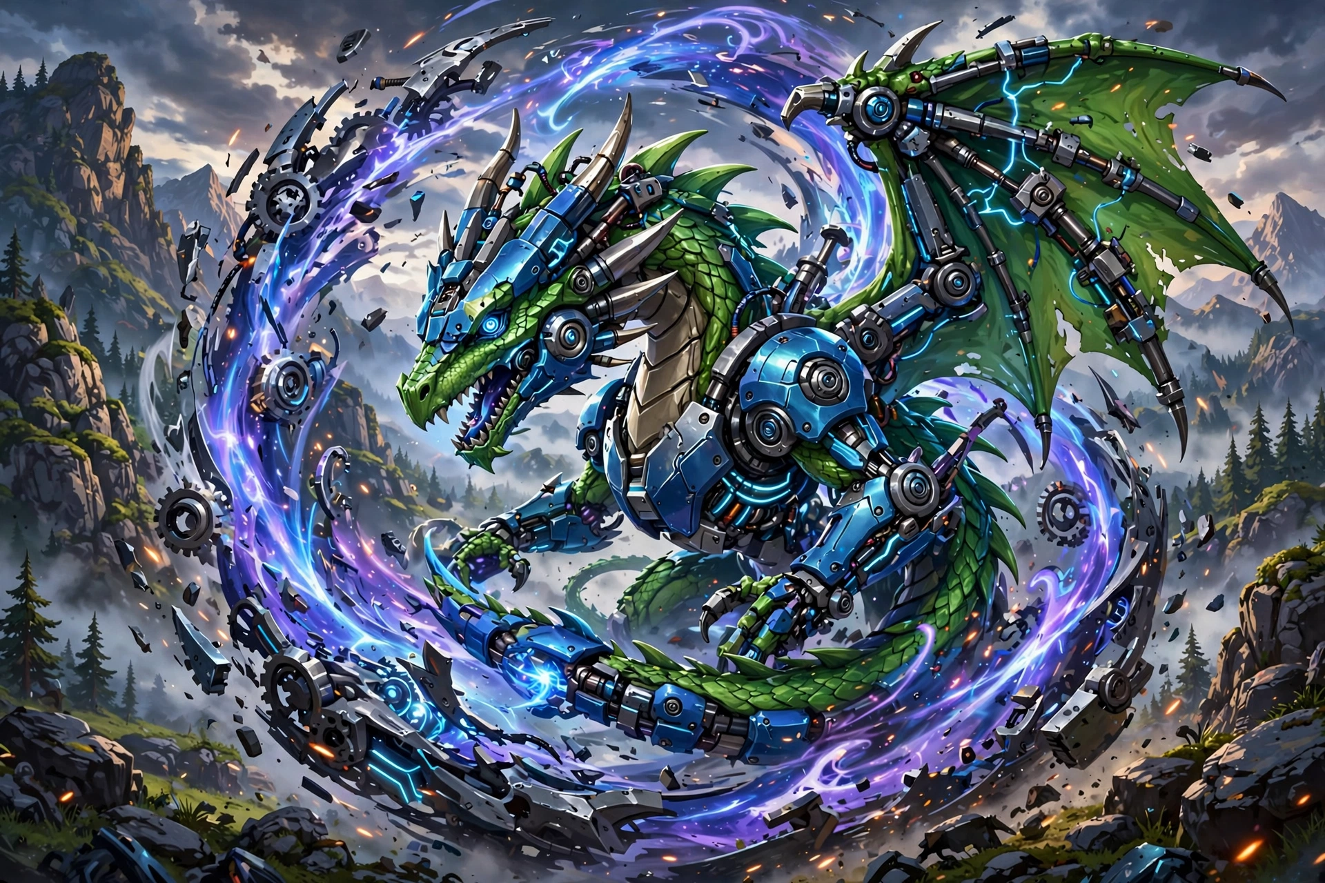Metallic blue robot creature fused with a green dragon concept