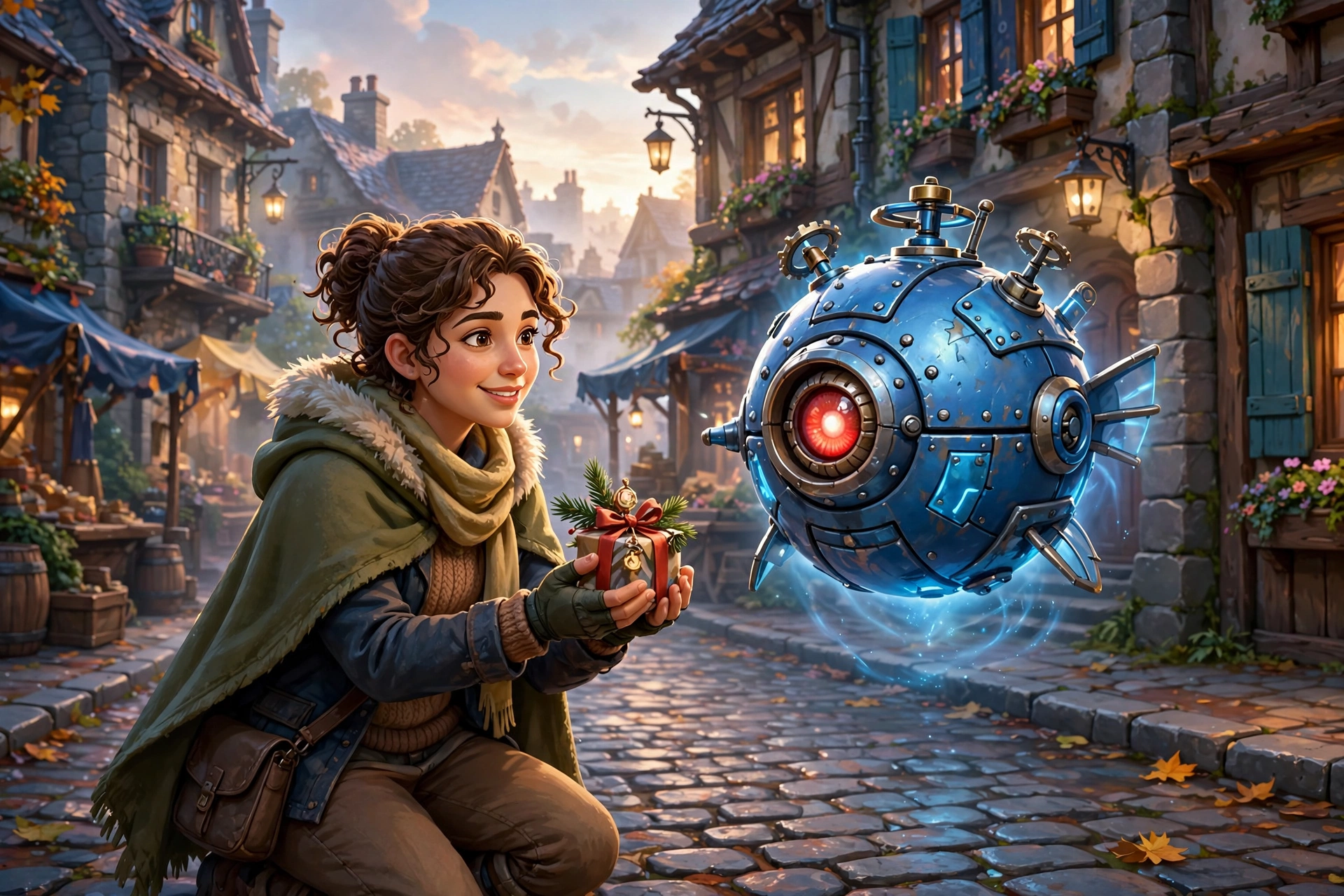 Small blue metal creature gifted on a cobblestone street