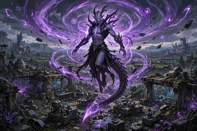 Mewtwo floating with purple psychic energy above laboratory