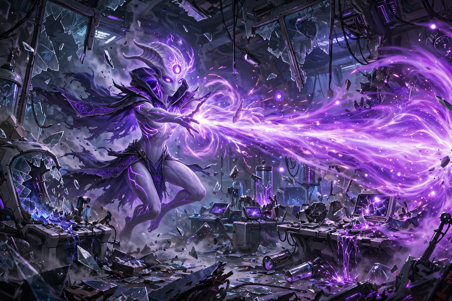 Mewtwo unleashing massive psychic blast inside futuristic laboratory