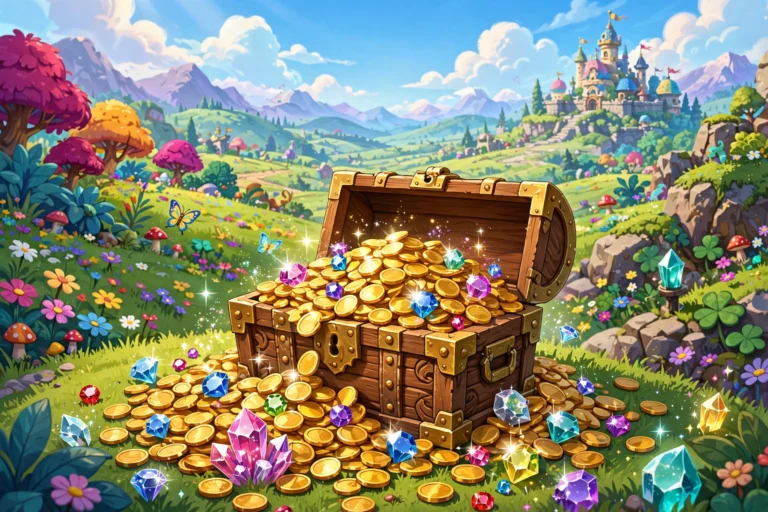 Treasure chest overflowing with gold coins and gems
