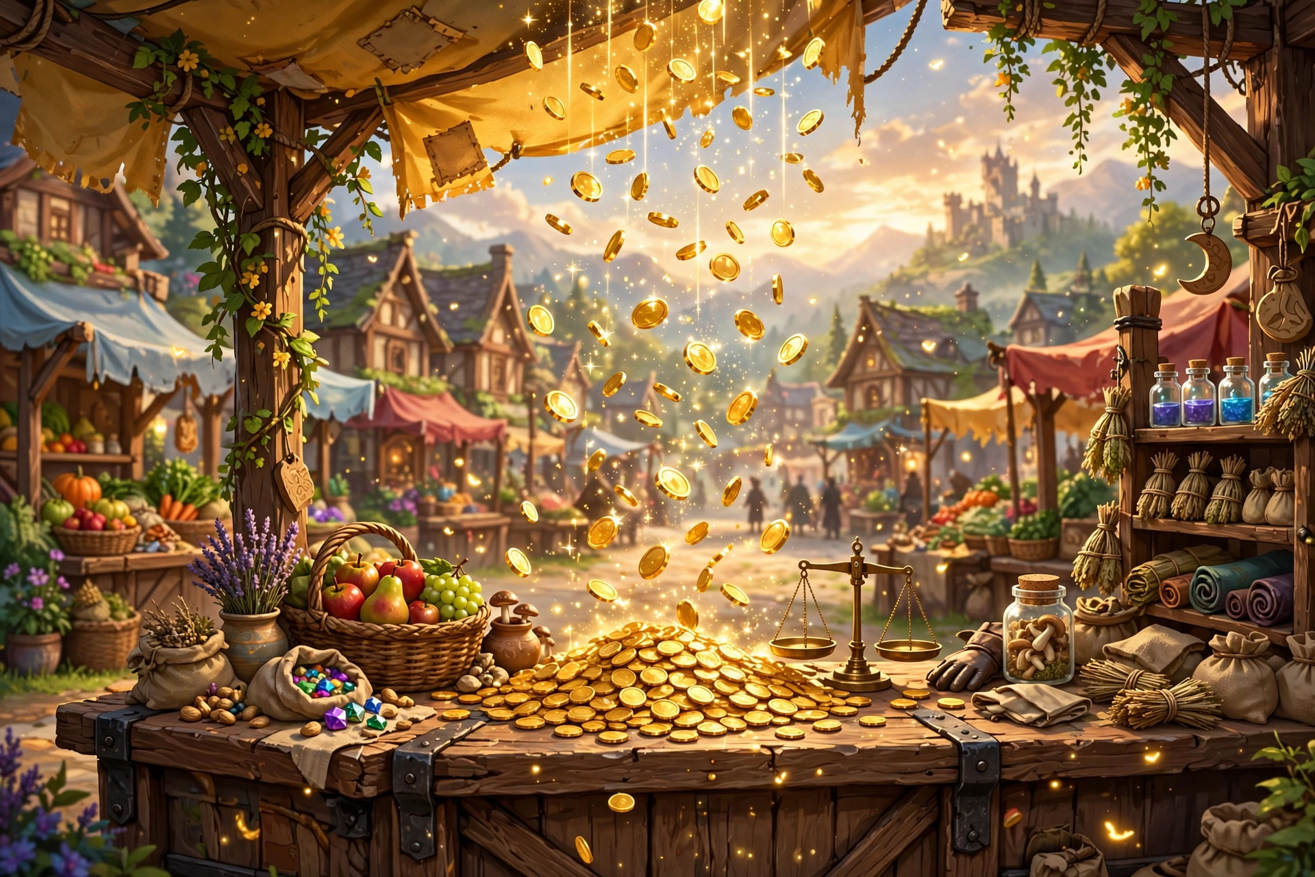 Gold coins raining onto fantasy marketplace stall counter