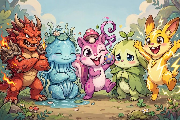 Five colorful fused monsters showing different nature personalities