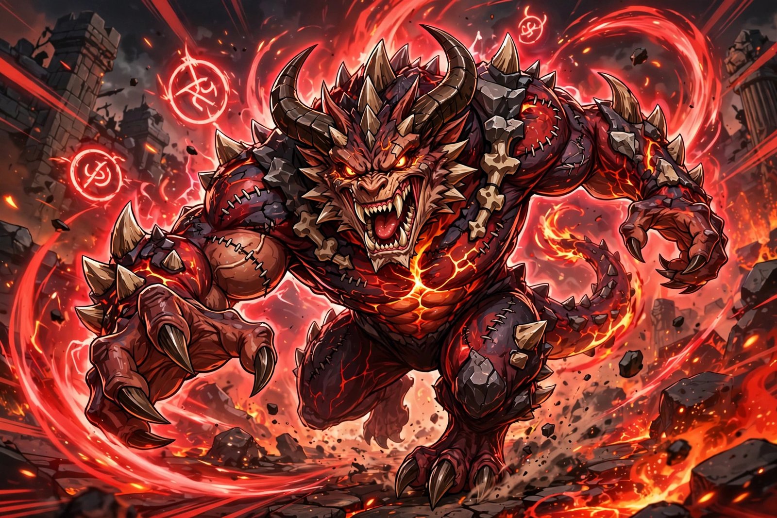 Bold aggressive fused monster attacking with red energy aura