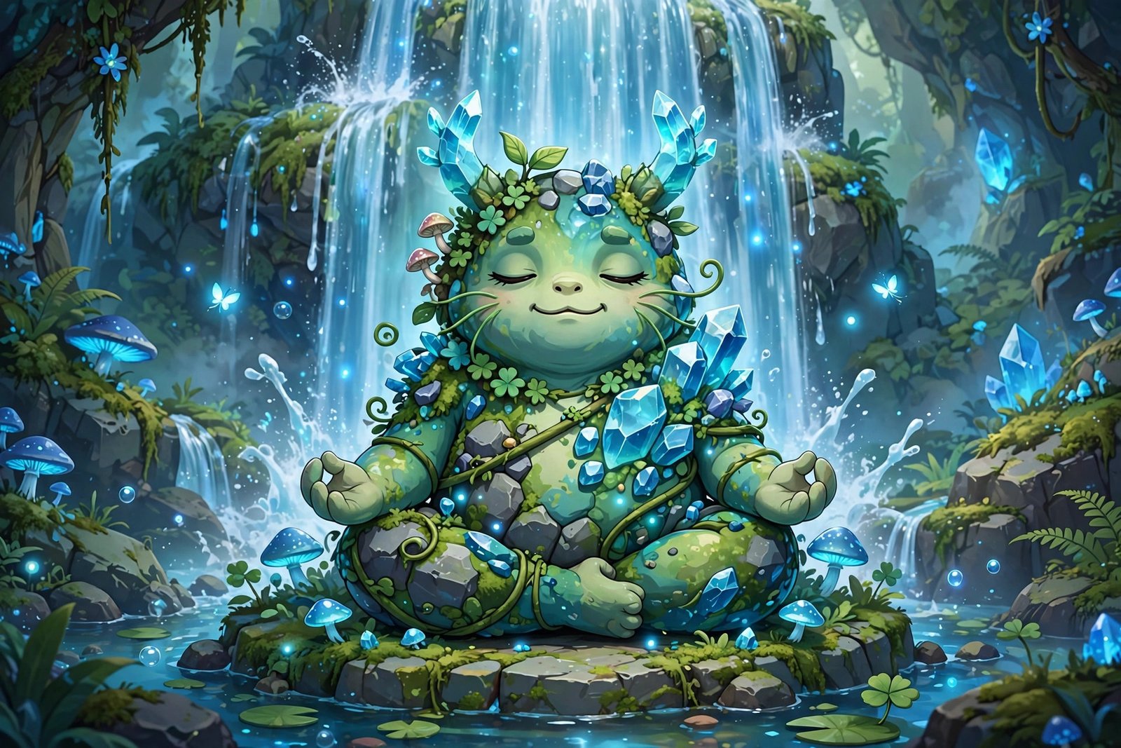 Calm fused monster meditating under waterfall with blue glow