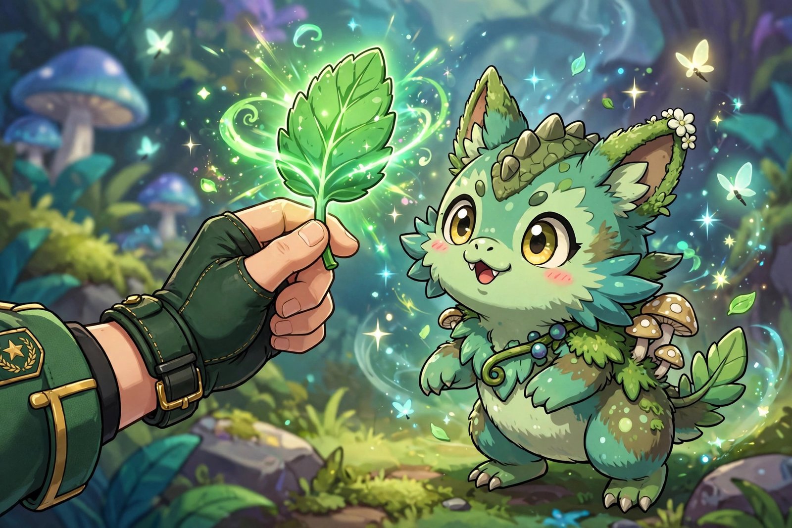 Trainer hand offering glowing green mint leaf to fused monster
