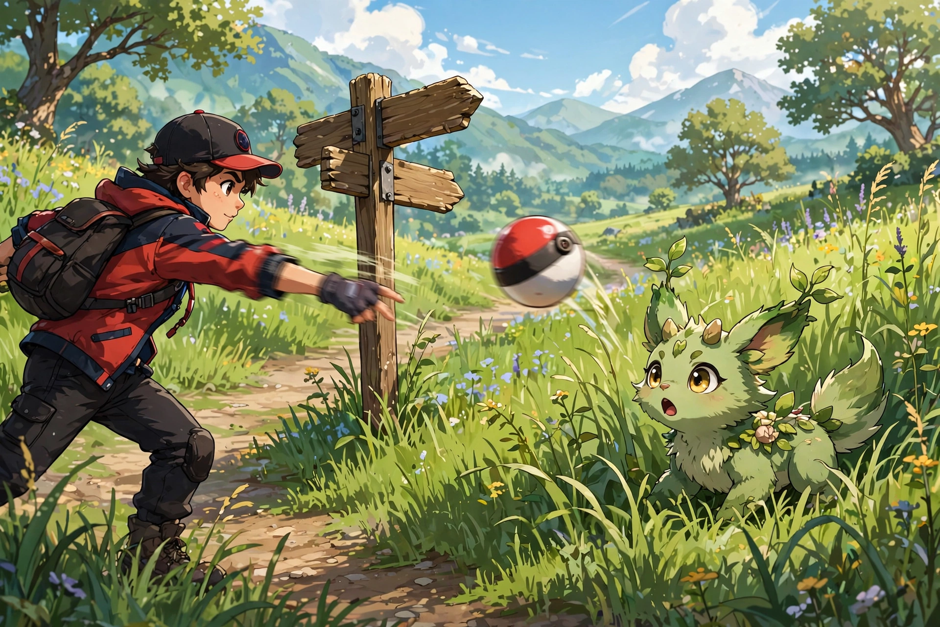 Trainer throwing a capture ball in tall grass at first encounter