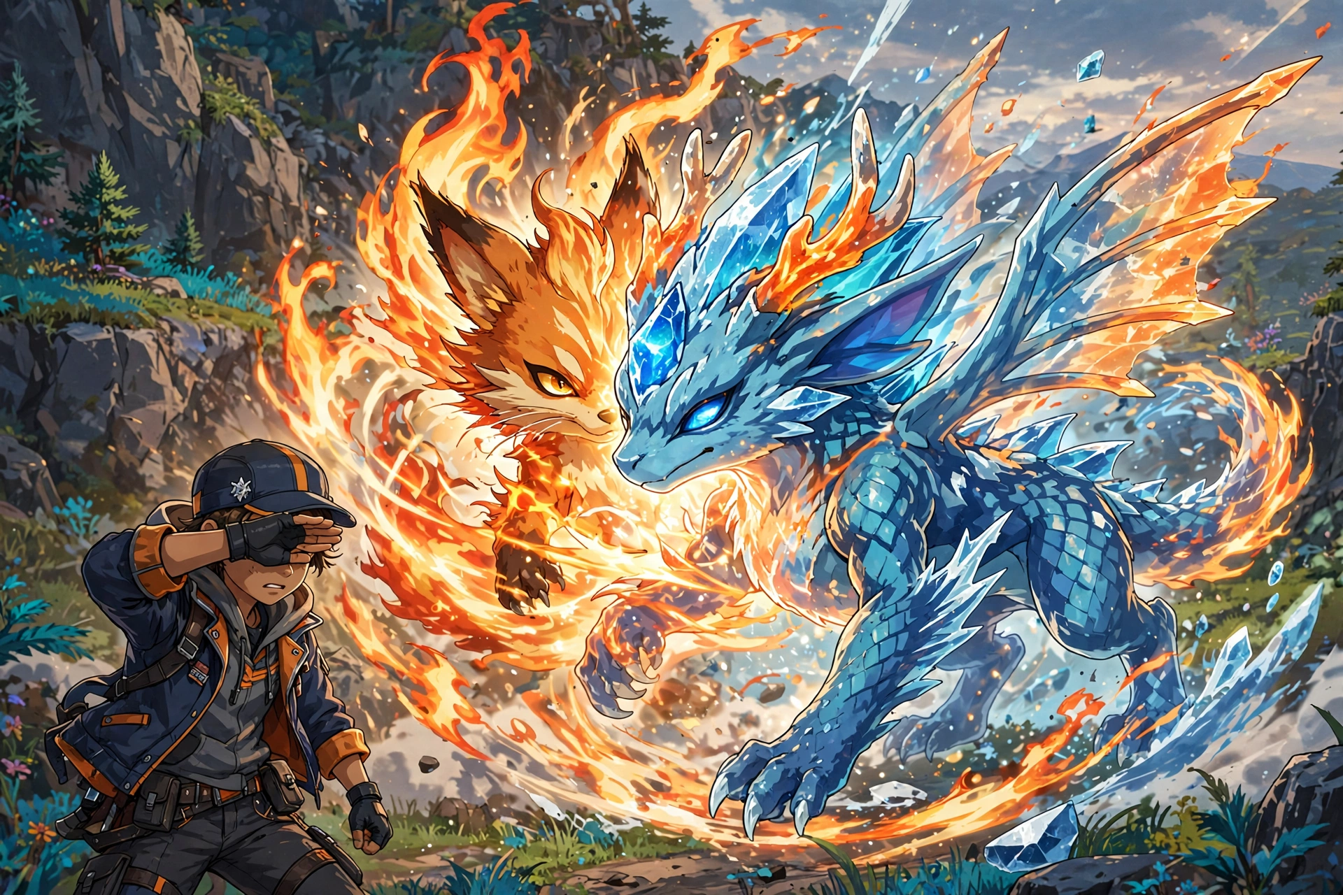 Two creatures fusing in an energy burst during a risky moment