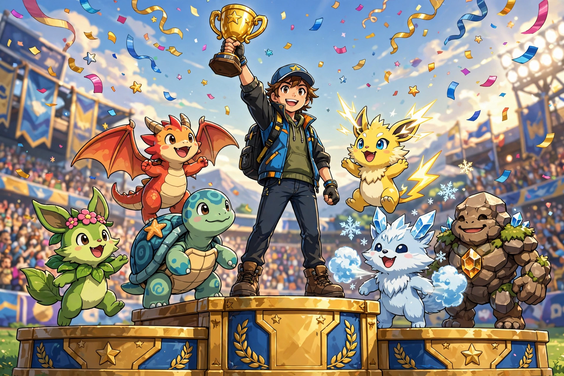Victorious trainer celebrating with a team of six creatures