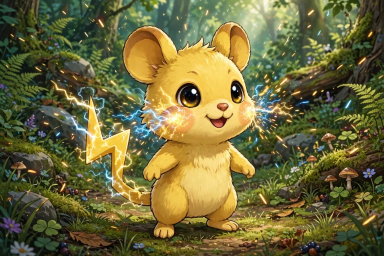 Yellow electric mouse creature with lightning in forest clearing
