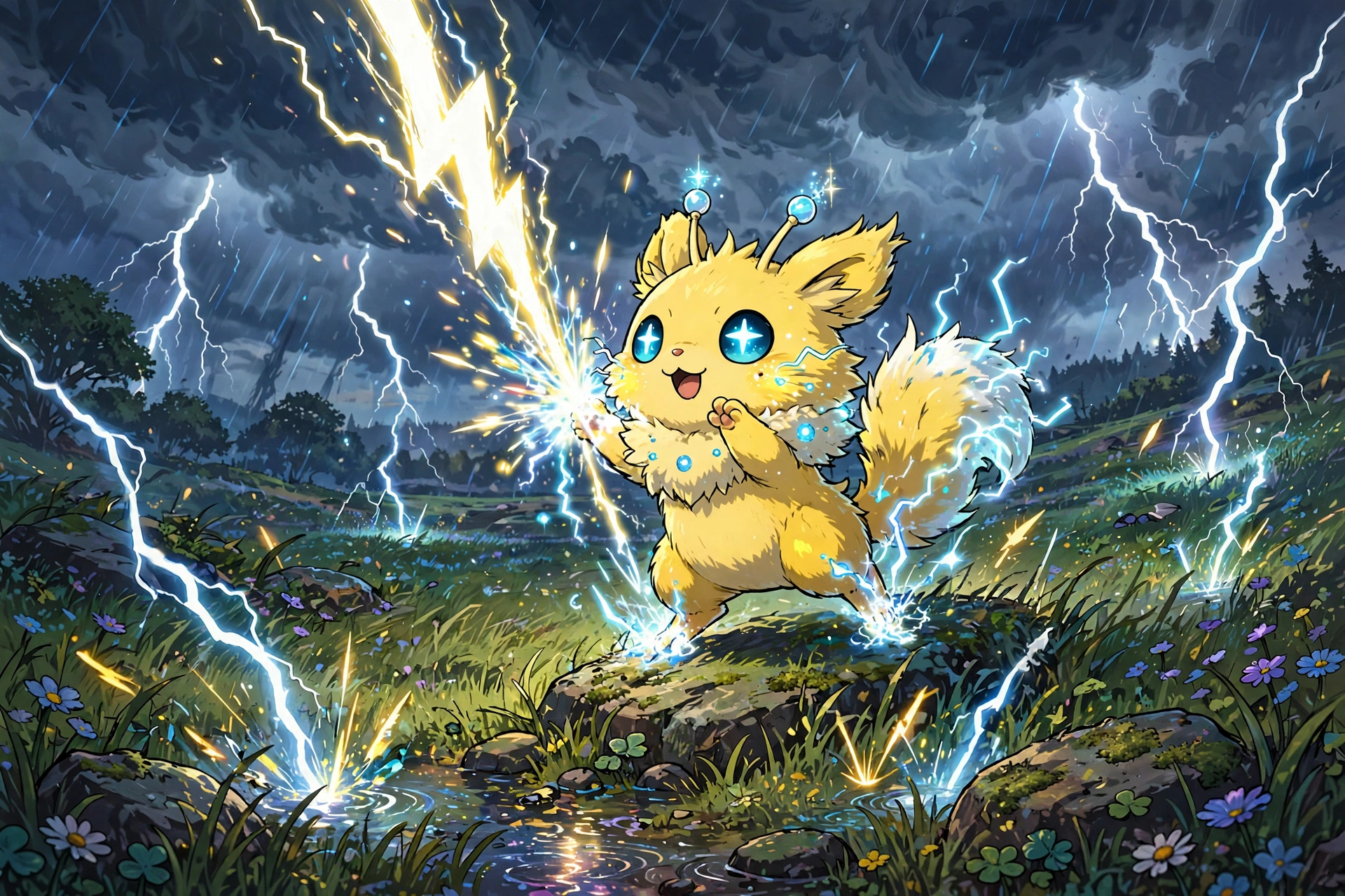 Yellow electric creature unleashing lightning bolt attack