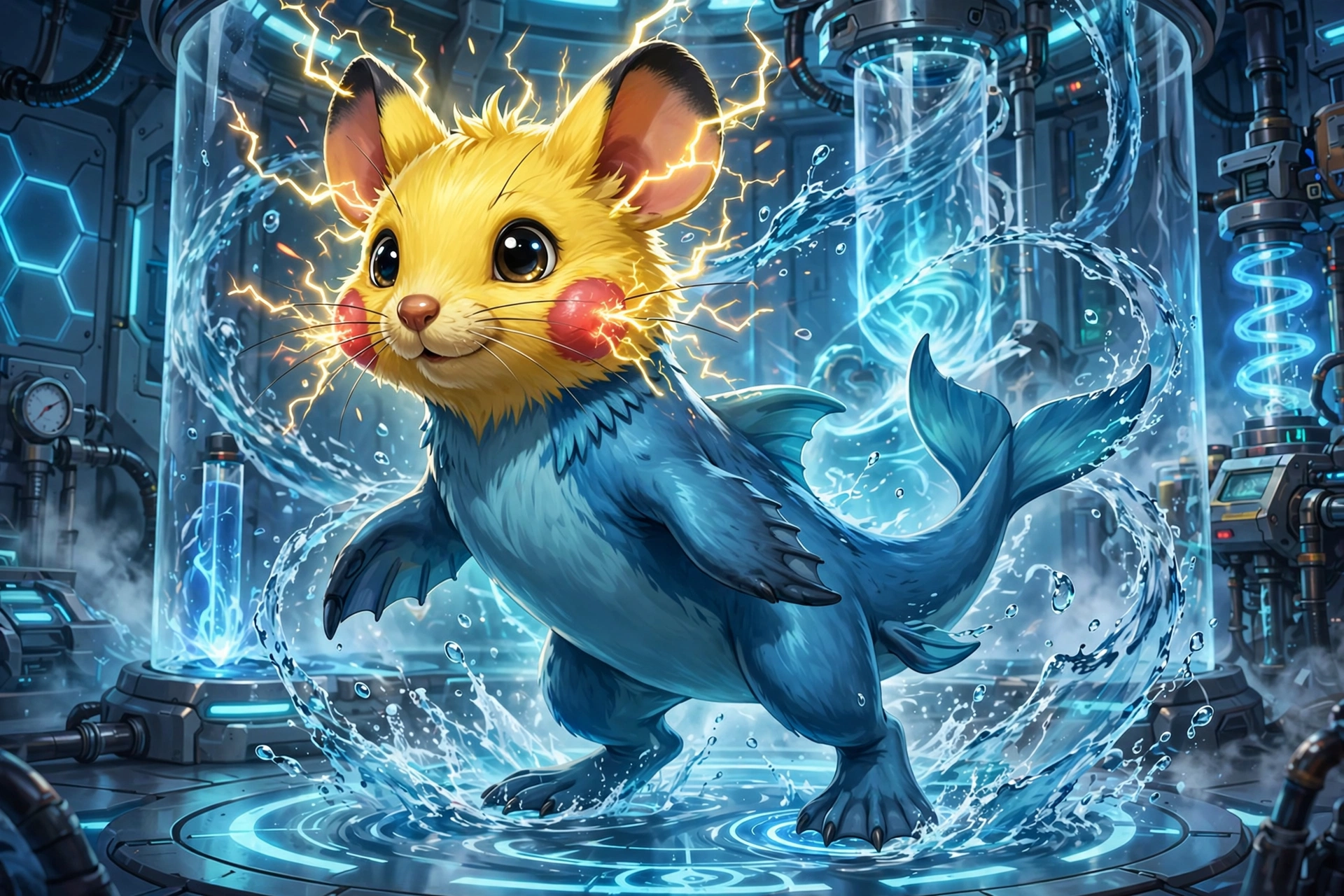 Electric mouse head fused with water creature body concept