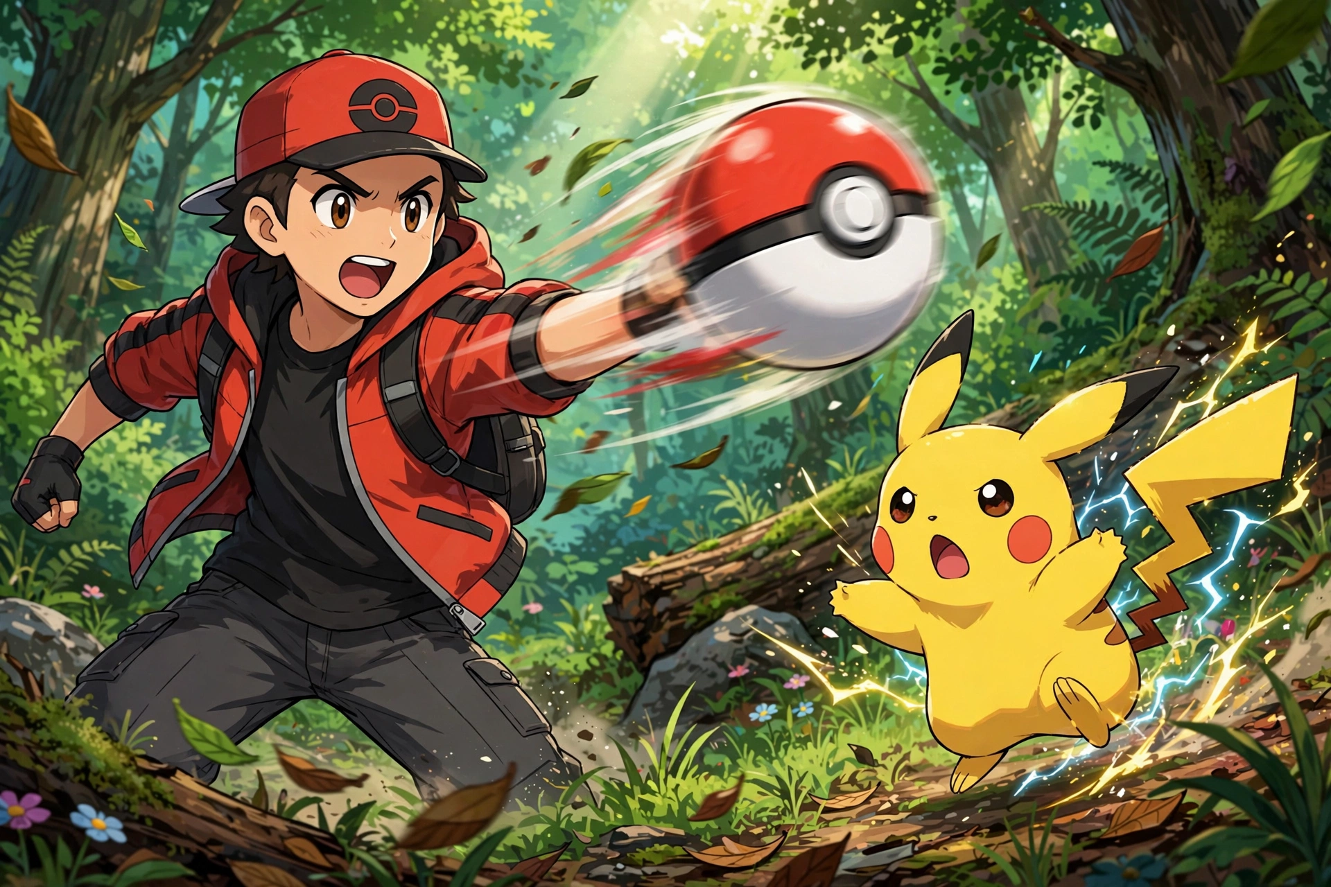 Trainer throwing capture ball at electric creature in forest