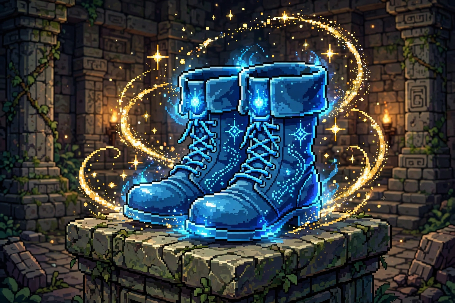Glowing blue Magic Boots on a stone pedestal in Infinite Fusion