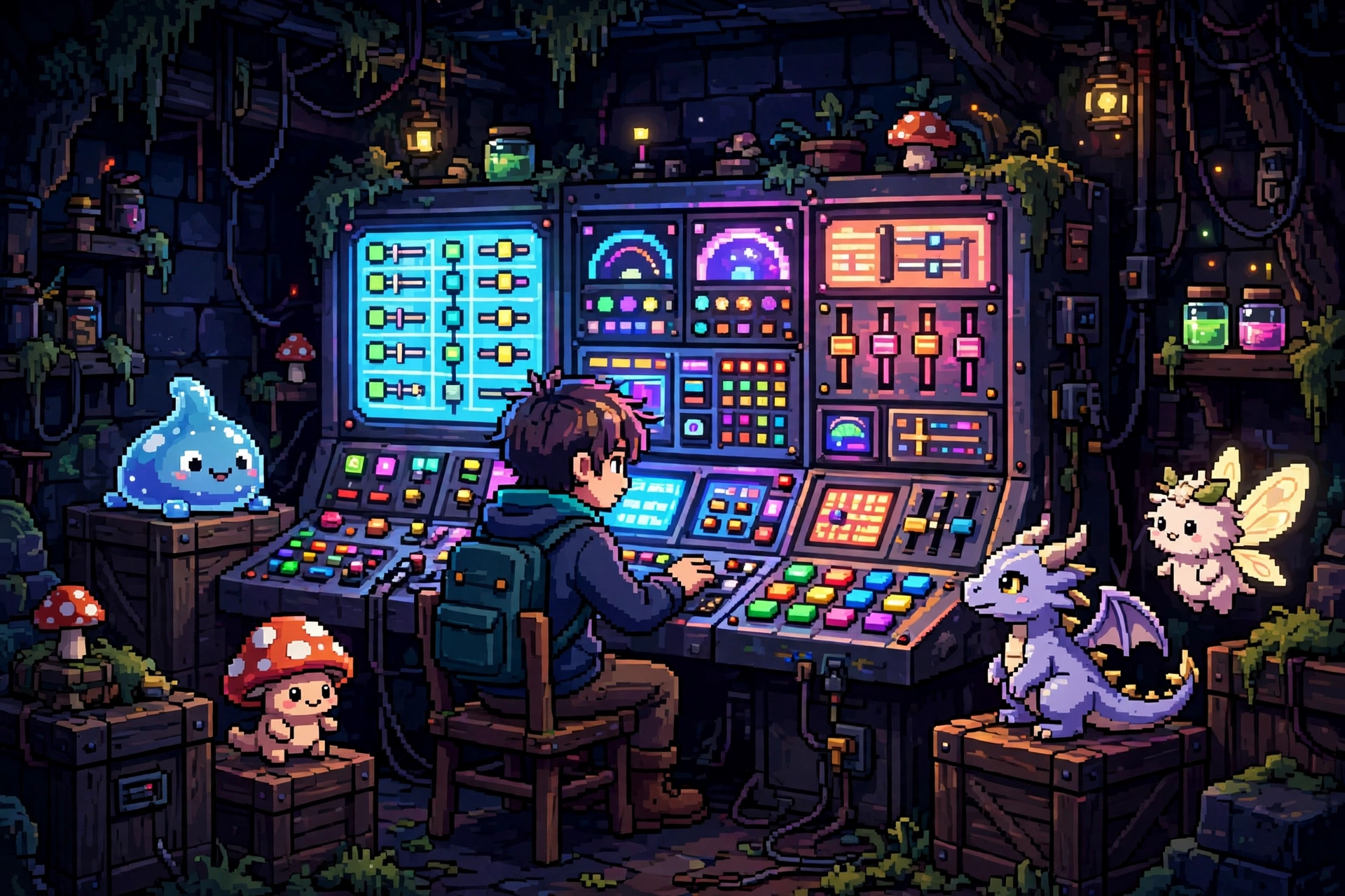 Debug console terminal with menus surrounded by fused Pokémon creatures