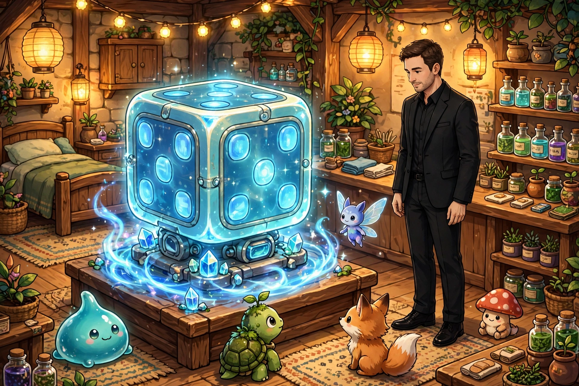 Man in black suit by dice machine in Pokémon Center