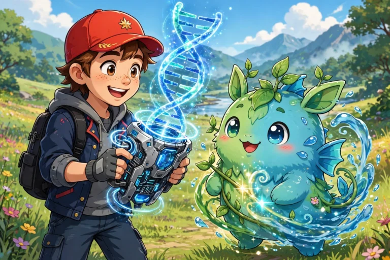 Young Pokemon trainer holding DNA splicer device with fused creature companions