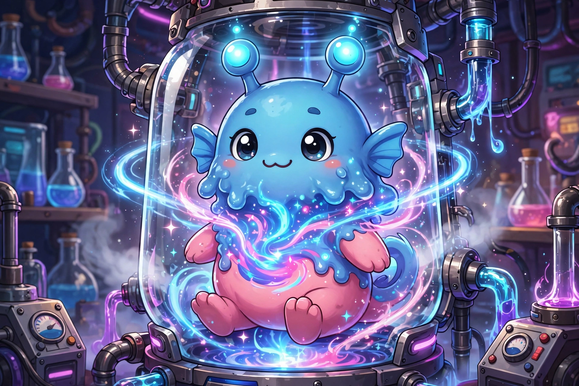 Two cartoon creatures fusing inside glowing laboratory splicing machine
