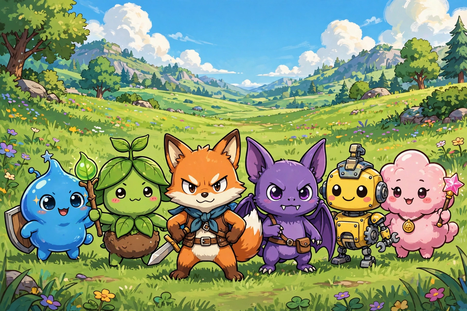 Team of six cartoon creatures standing together in grassy battle field