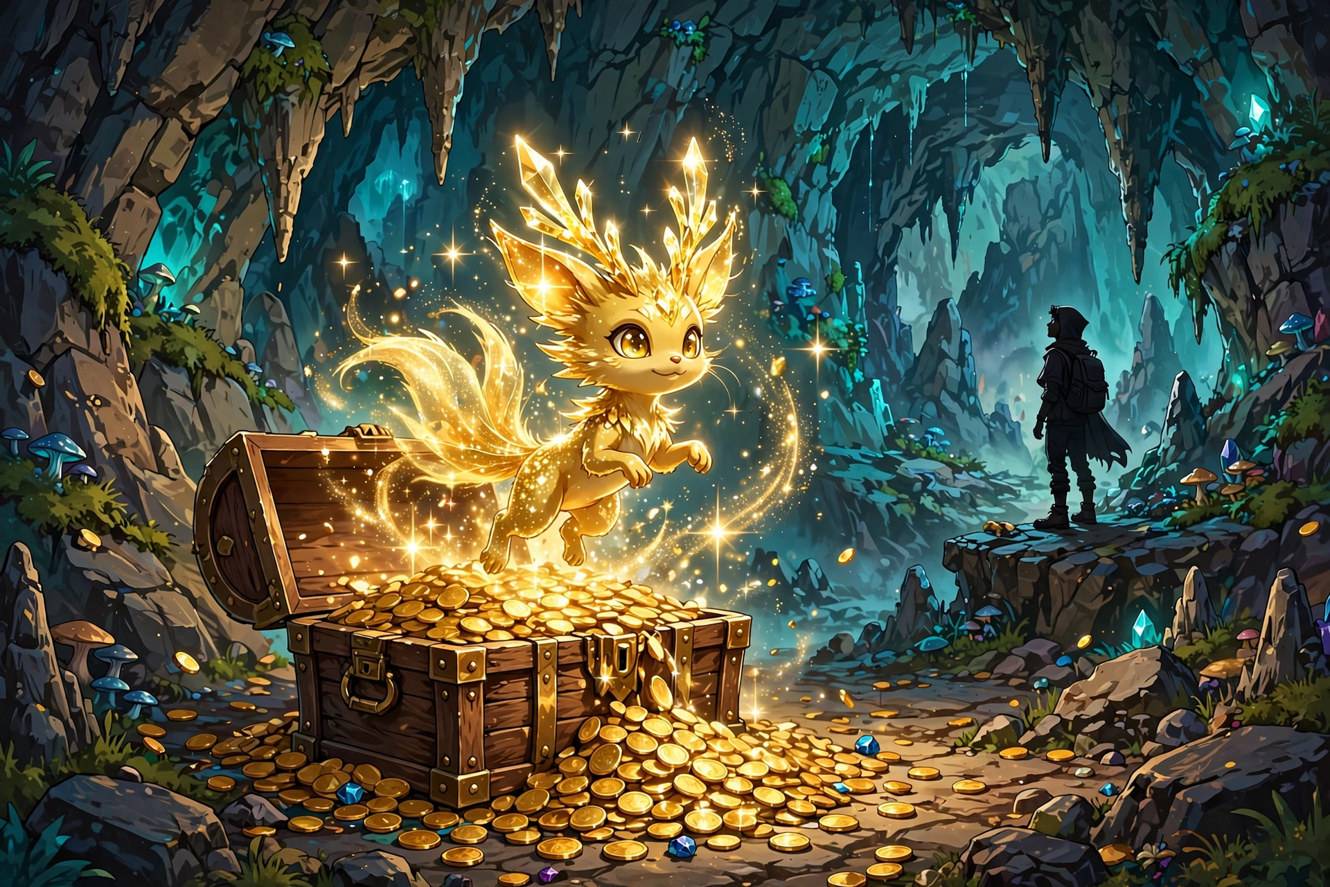 Golden rare creature emerging from treasure chest of gold coins