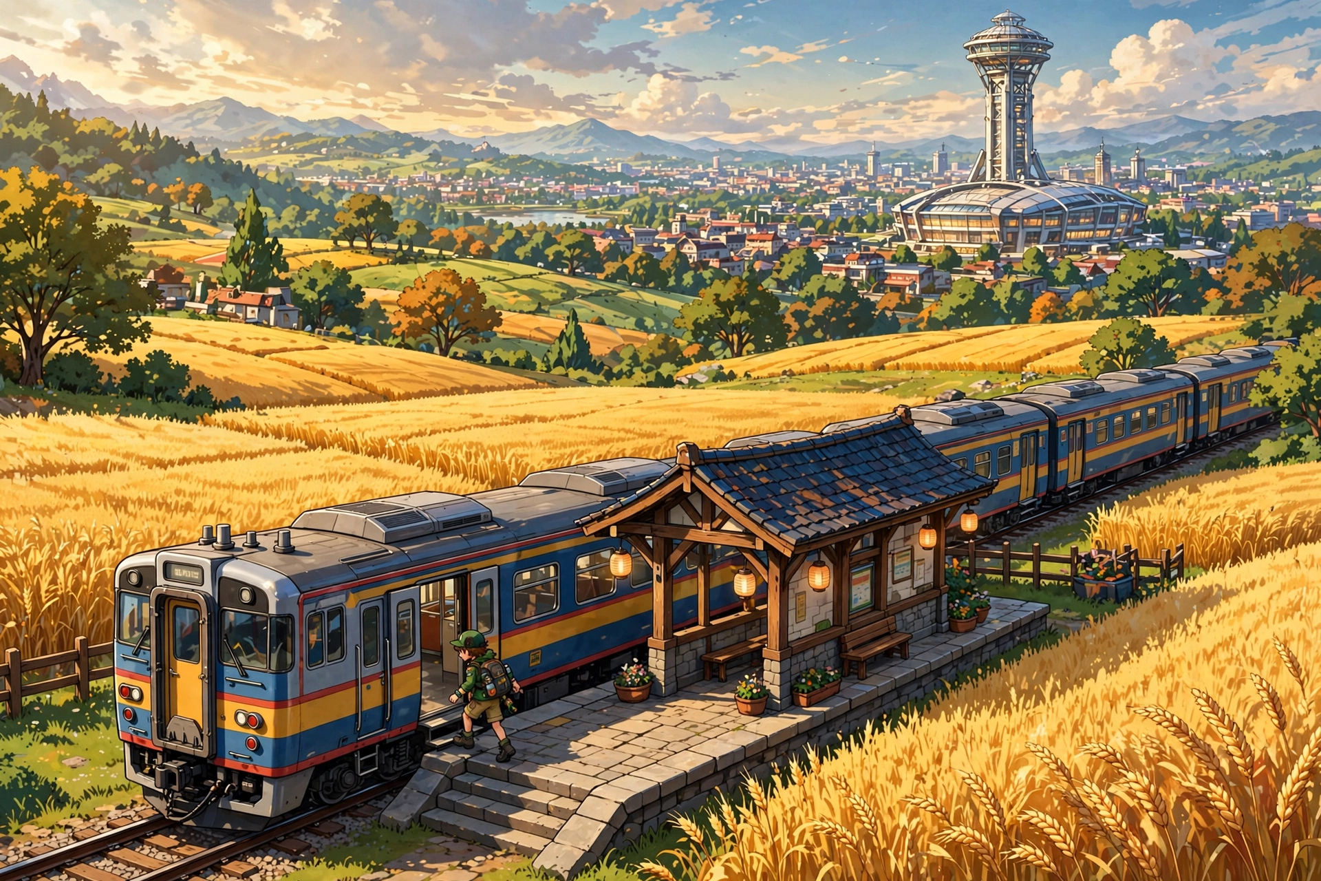Trainer arriving by train at scenic Johto region station