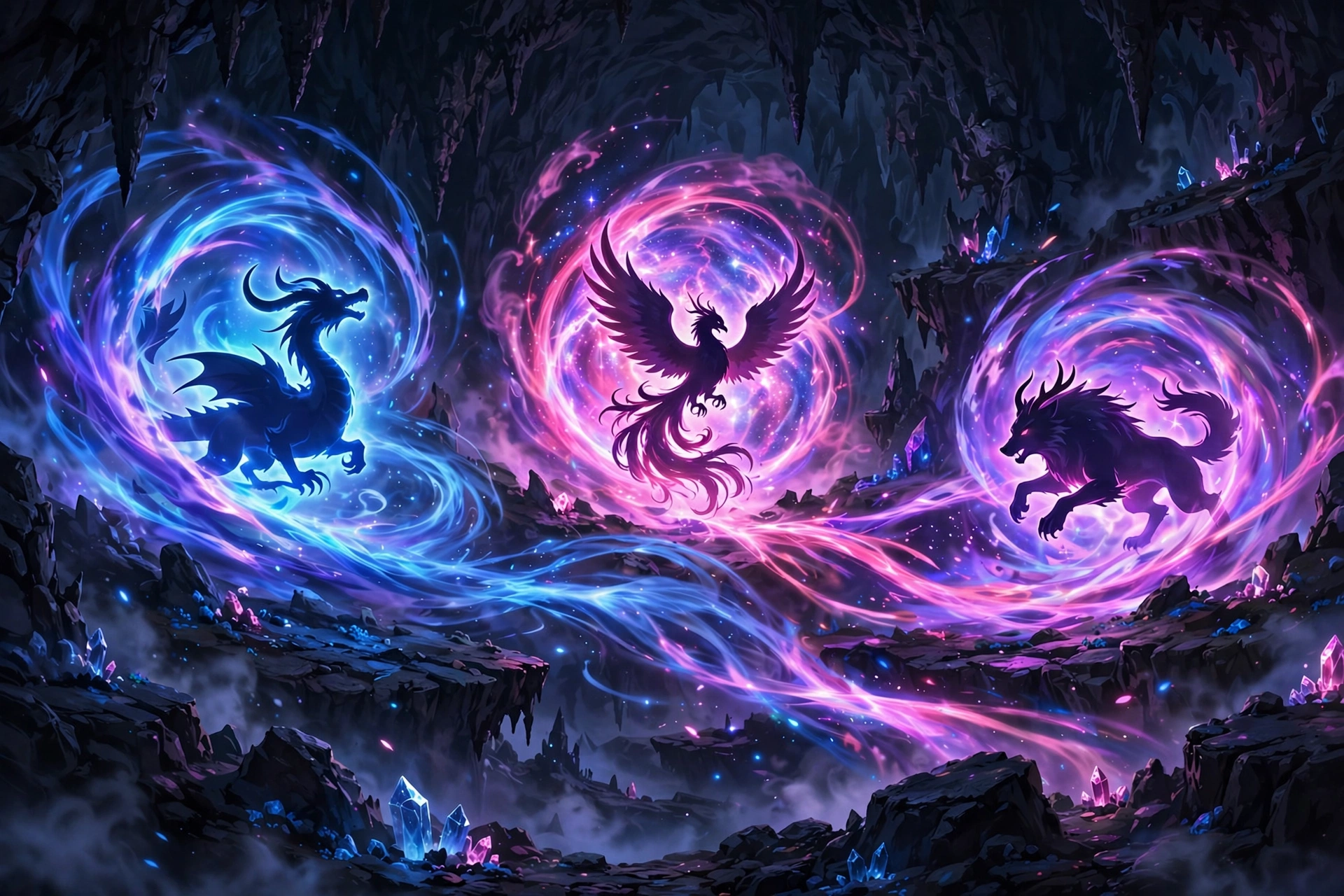 Legendary creatures emerging from dimensional vortexes in cave