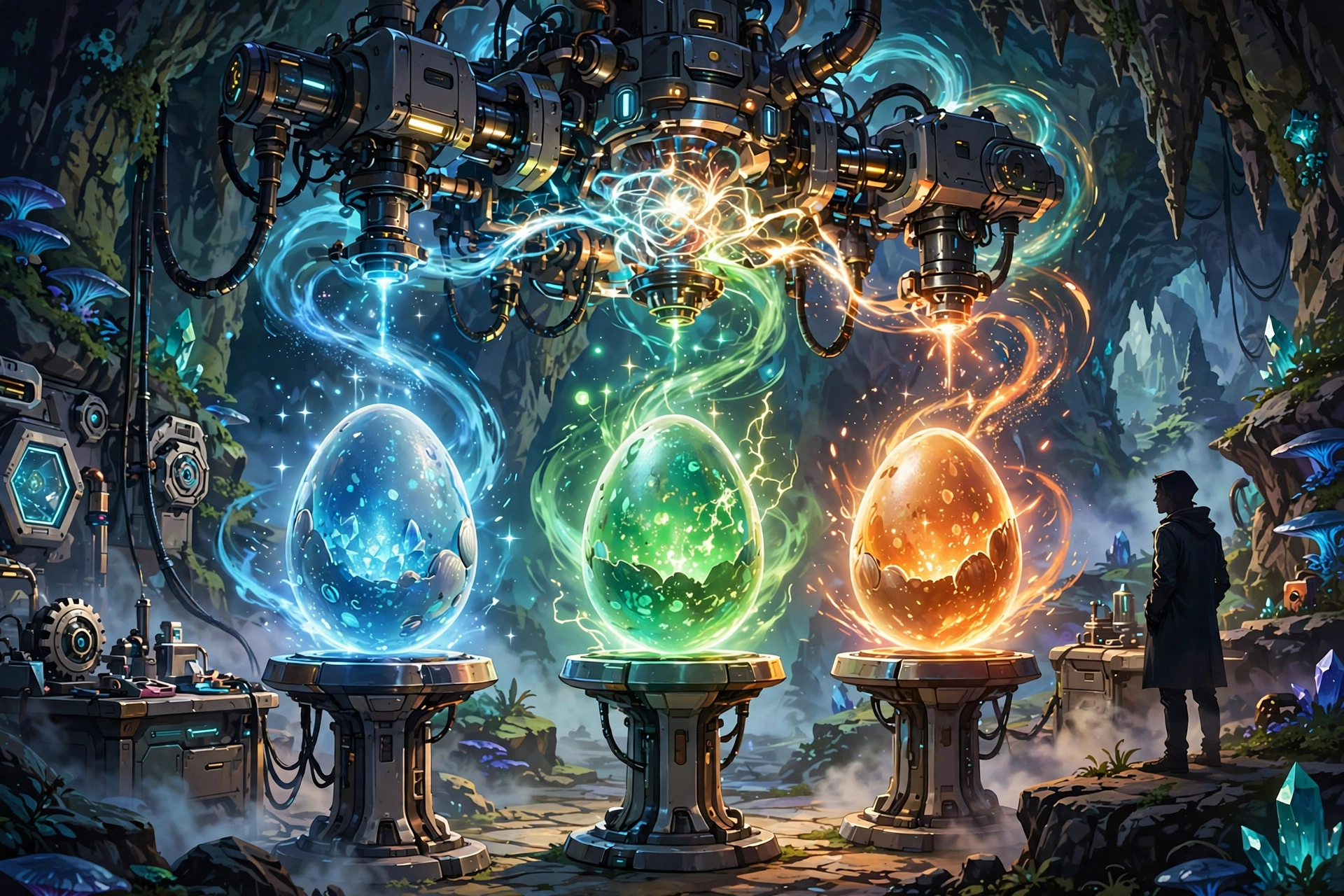 Scientist machine creating glowing triple fusion eggs in lab