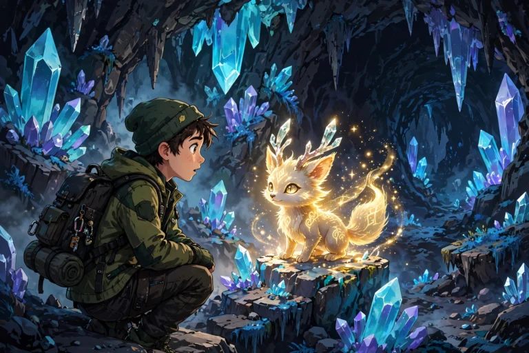Trainer discovering glowing rare creature in crystal cave