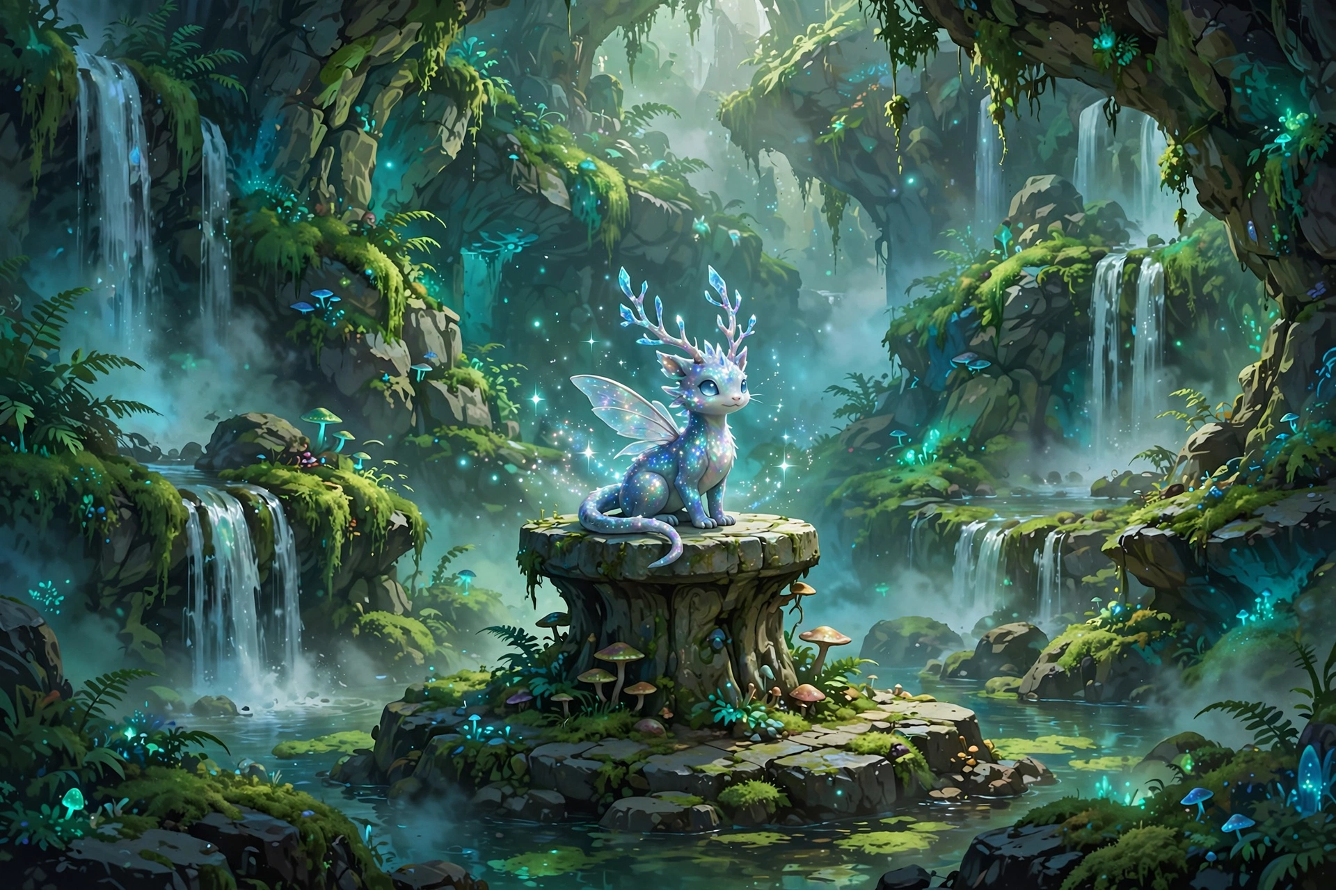 Shimmering rare creature on pedestal in misty hidden grotto