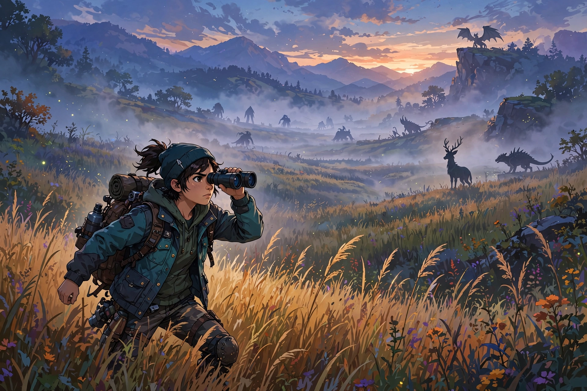 Trainer searching tall grass at dusk for rare Pokemon